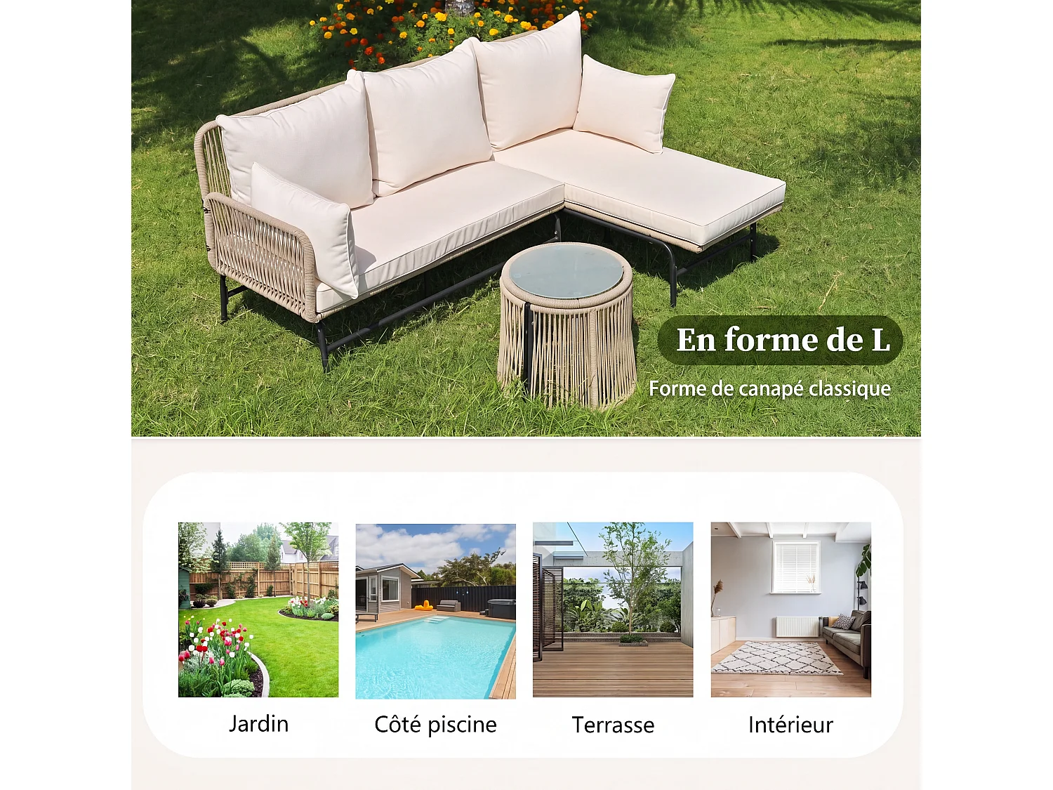 Ensemble de canapé de jardin beige, structure en acier + tressage en corde, mobilier d’extérieur en corde tressée, configuration modulable, forme en L