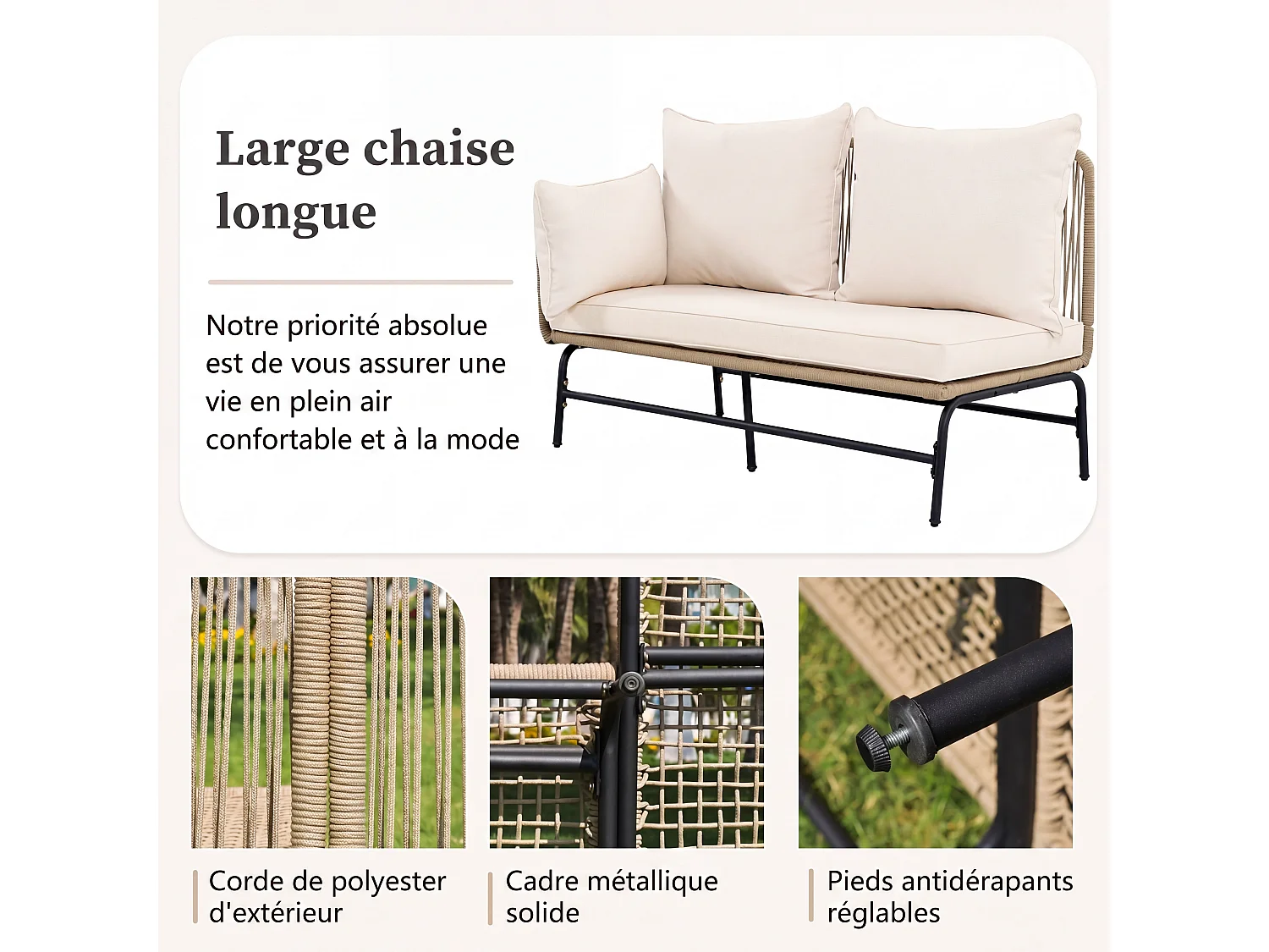 Ensemble de canapé de jardin beige, structure en acier + tressage en corde, mobilier d’extérieur en corde tressée, configuration modulable, forme en L