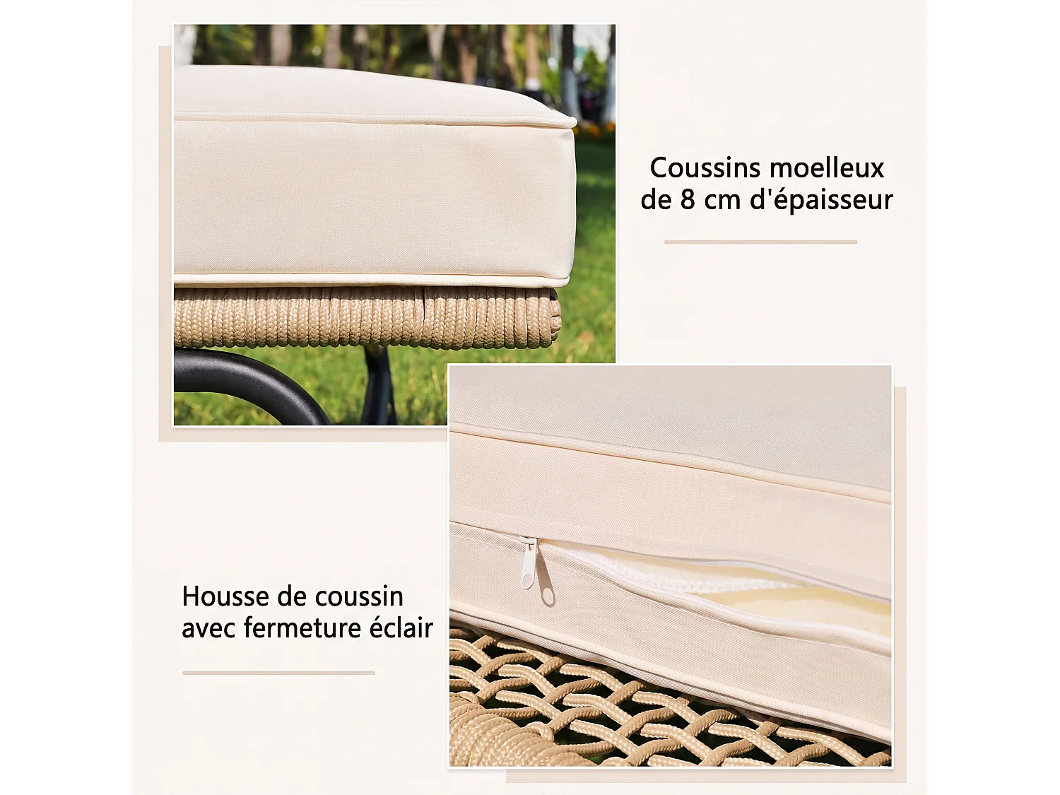 Ensemble de canapé de jardin beige, structure en acier + tressage en corde, mobilier d’extérieur en corde tressée, configuration modulable, forme en L