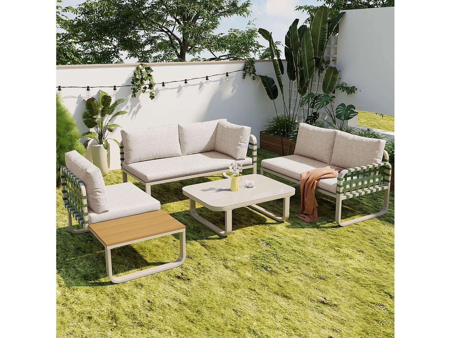 Salon de jardin beige (4–5 places), canapé d’extérieur en rotin et cuir vert, avec coussins d’assise et de dossier inclus