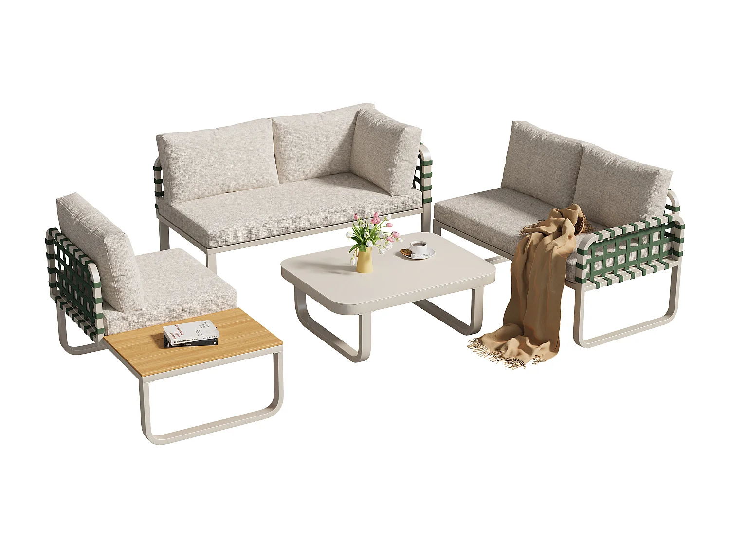 Salon de jardin beige (4–5 places), canapé d’extérieur en rotin et cuir vert, avec coussins d’assise et de dossier inclus