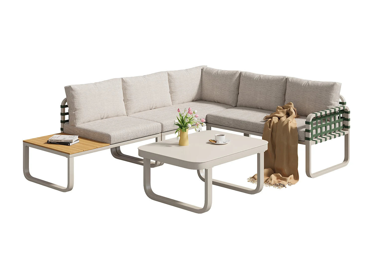 Salon de jardin beige (4–5 places), canapé d’extérieur en rotin et cuir vert, avec coussins d’assise et de dossier inclus