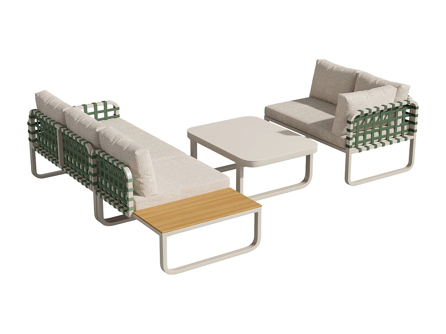 Salon de jardin beige (4–5 places), canapé d’extérieur en rotin et cuir vert, avec coussins d’assise et de dossier inclus