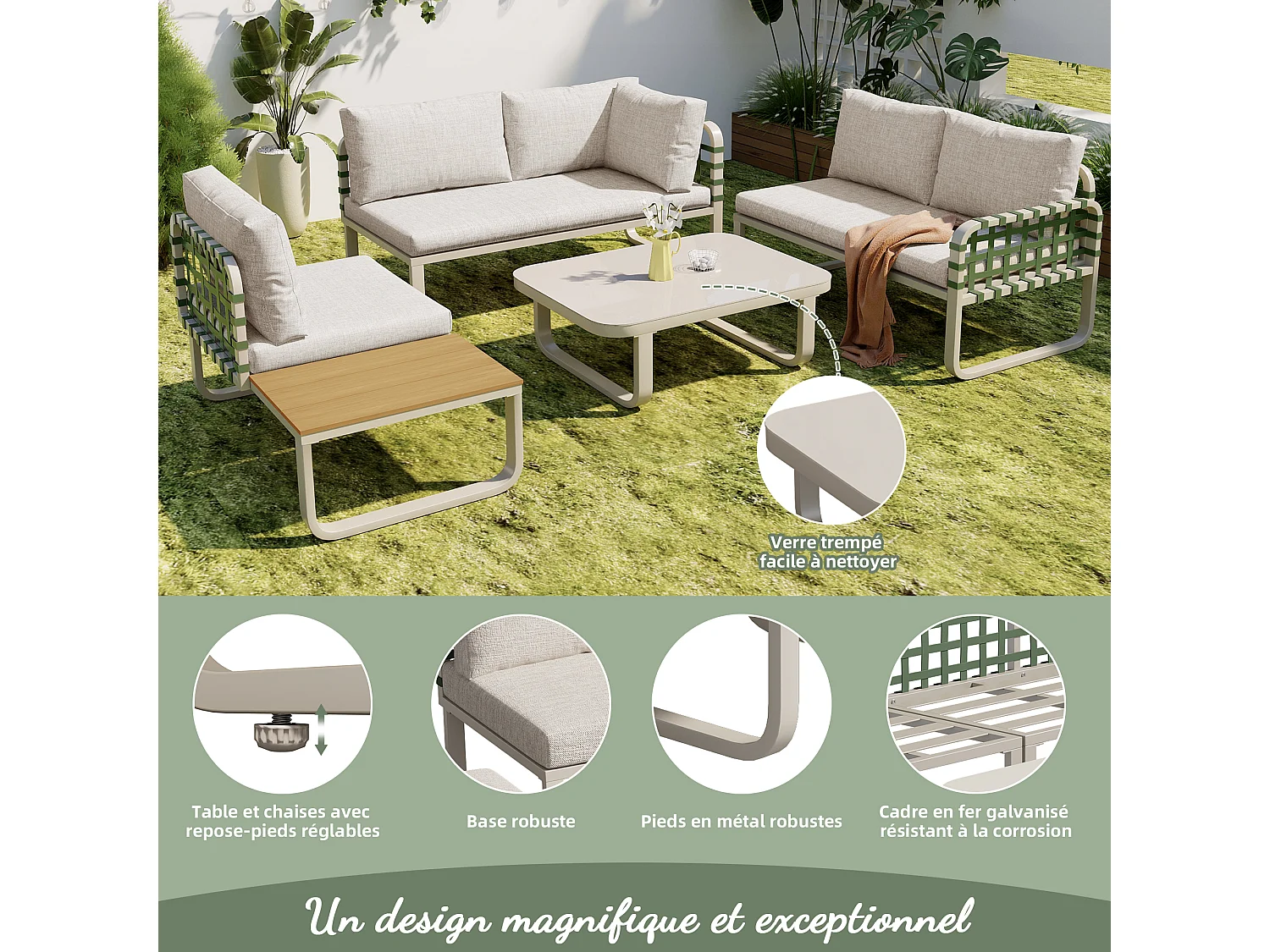Salon de jardin beige (4–5 places), canapé d’extérieur en rotin et cuir vert, avec coussins d’assise et de dossier inclus