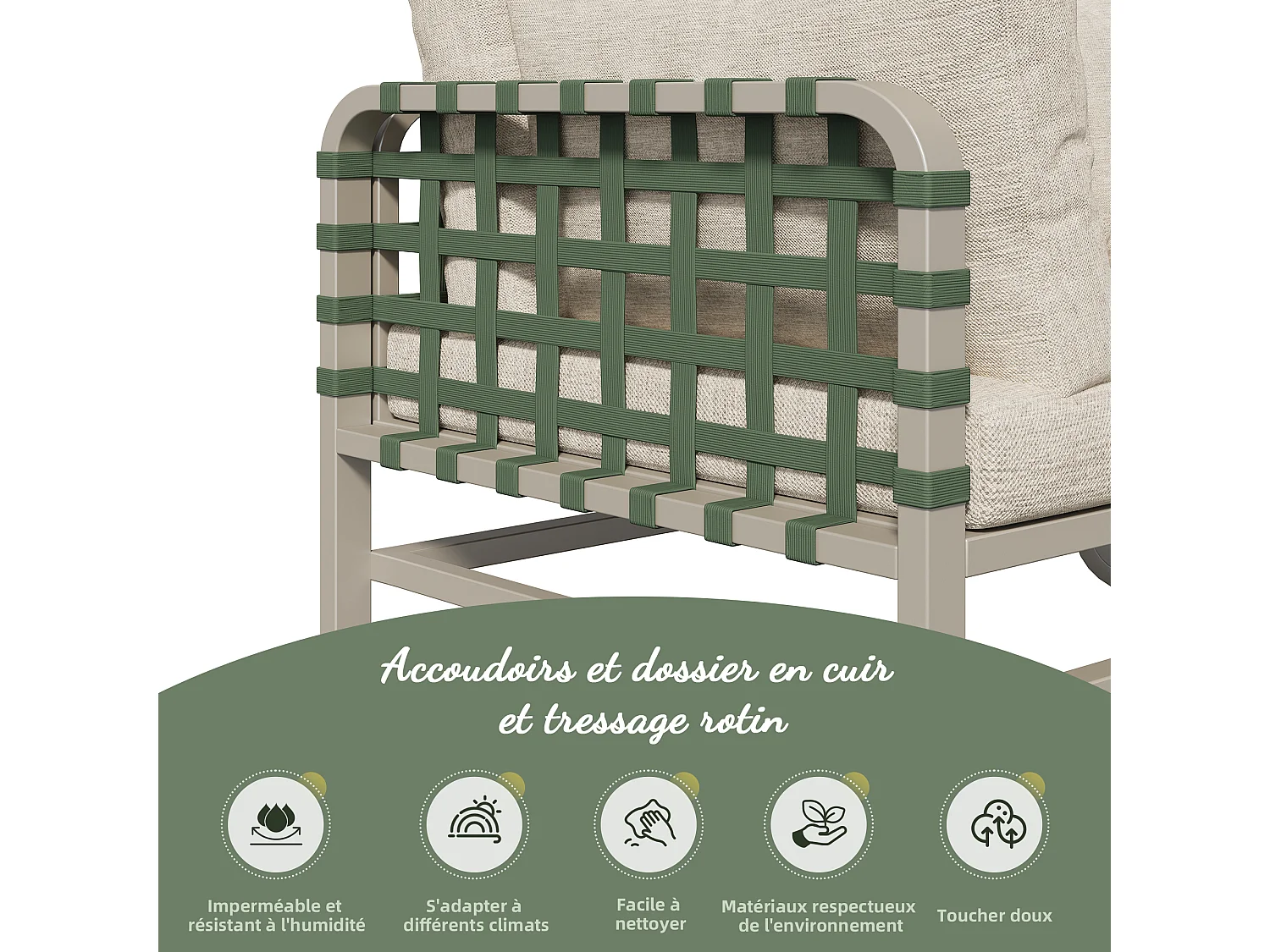 Salon de jardin beige (4–5 places), canapé d’extérieur en rotin et cuir vert, avec coussins d’assise et de dossier inclus