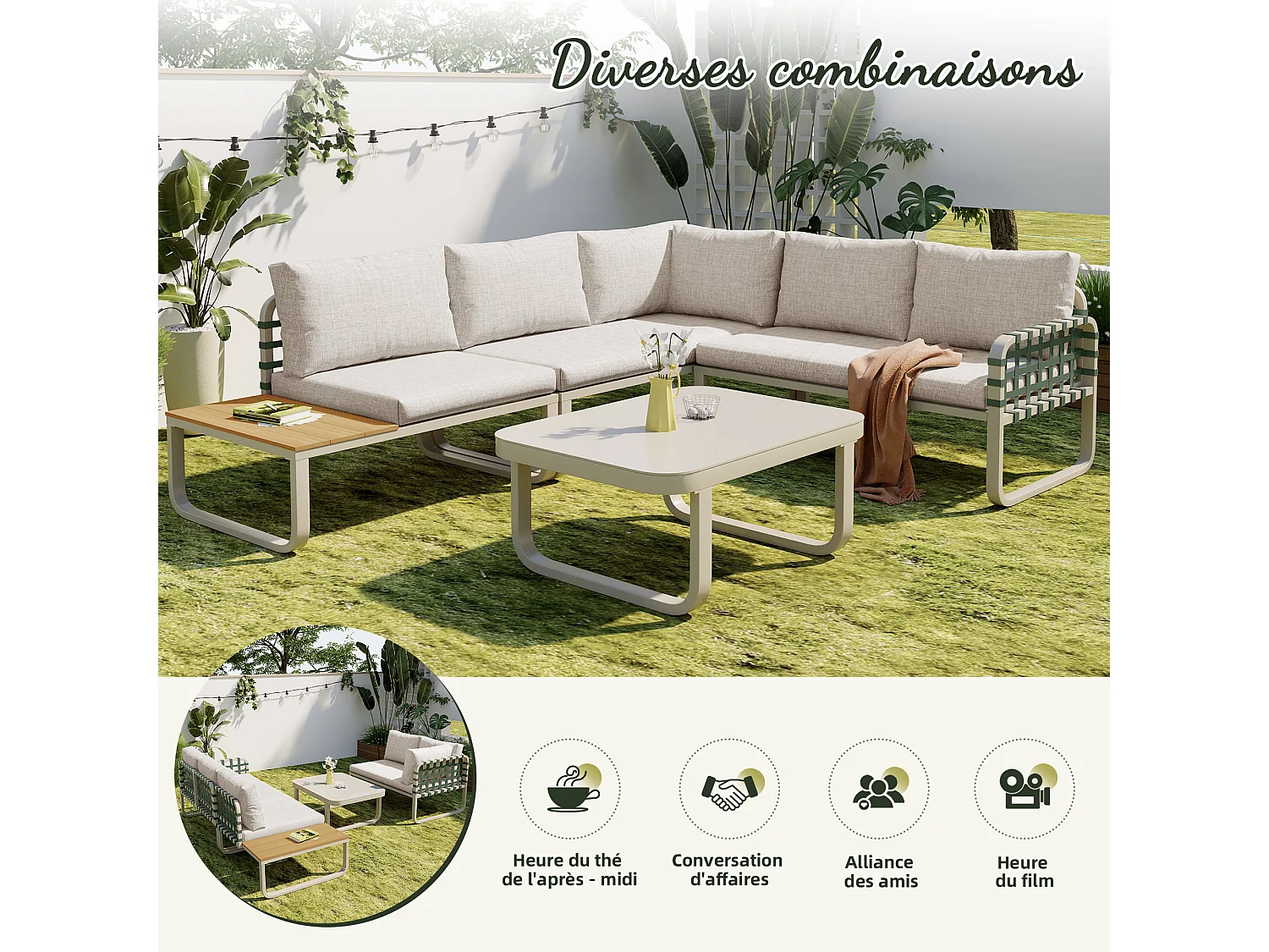 Salon de jardin beige (4–5 places), canapé d’extérieur en rotin et cuir vert, avec coussins d’assise et de dossier inclus
