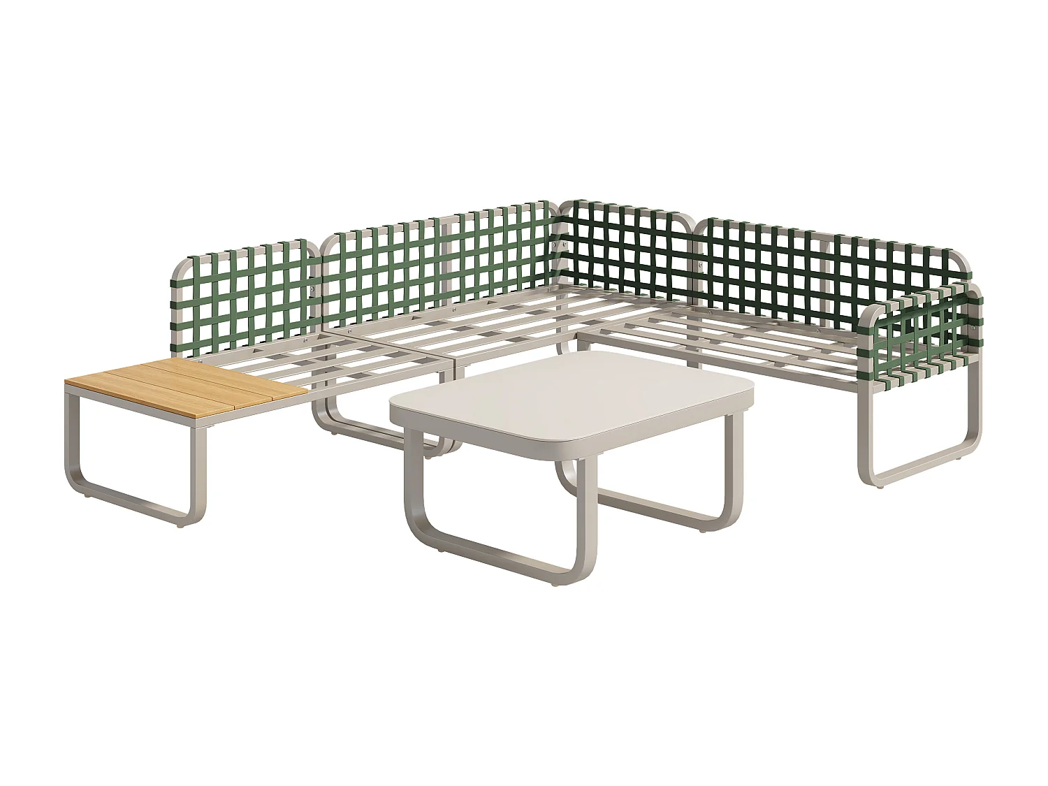 Salon de jardin beige (4–5 places), canapé d’extérieur en rotin et cuir vert, avec coussins d’assise et de dossier inclus