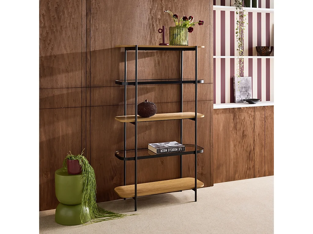 Etagère bibliothèque verre. décor bois et métal 5 niveaux - Smooky