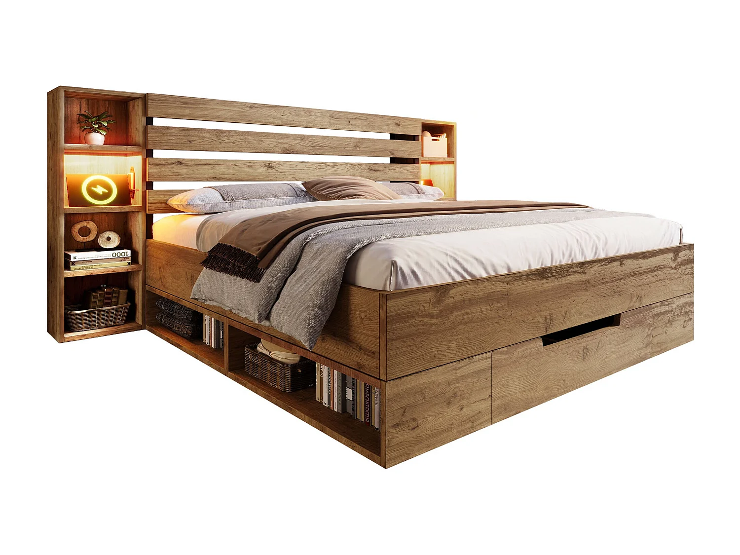 Lit double 160x200 cm bois massif chêne, rangement, LED + USB-C, sommier à lattes (sans matelas)