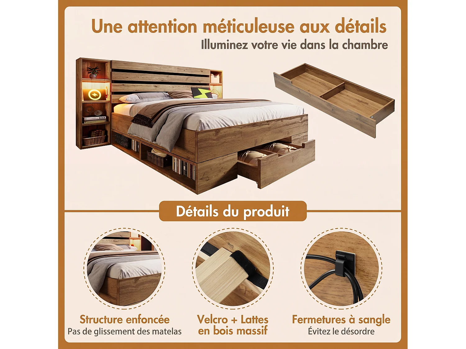Lit double 160x200 cm bois massif chêne, rangement, LED + USB-C, sommier à lattes (sans matelas)