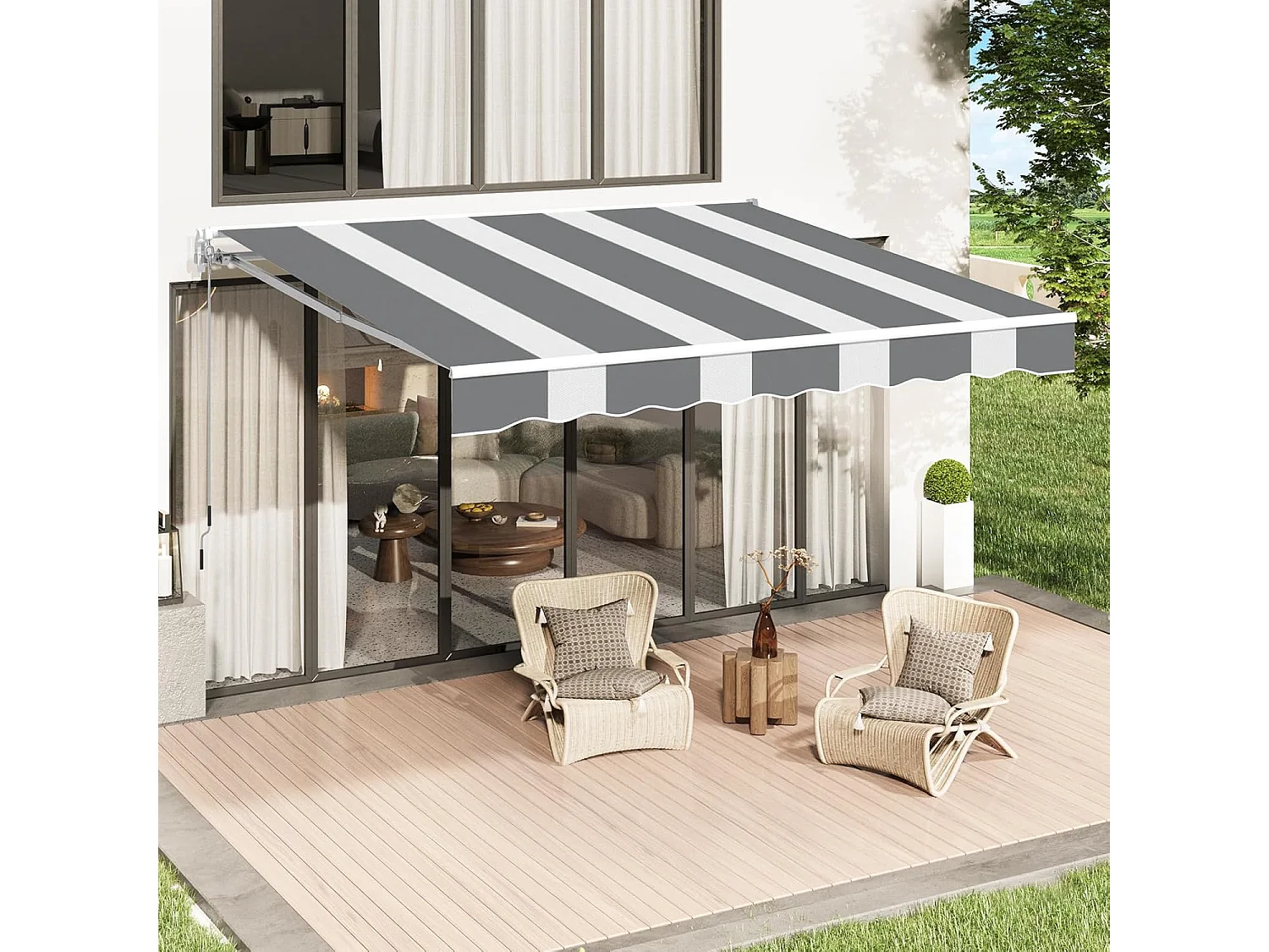 YODOLLA Toldo Brazo Articulado 400x300cm, Manual Con Inclinación (40-90°), Marco Aluminio, Resistente UV, Para Balcón & Terraza, Rayas Blanco-Gris