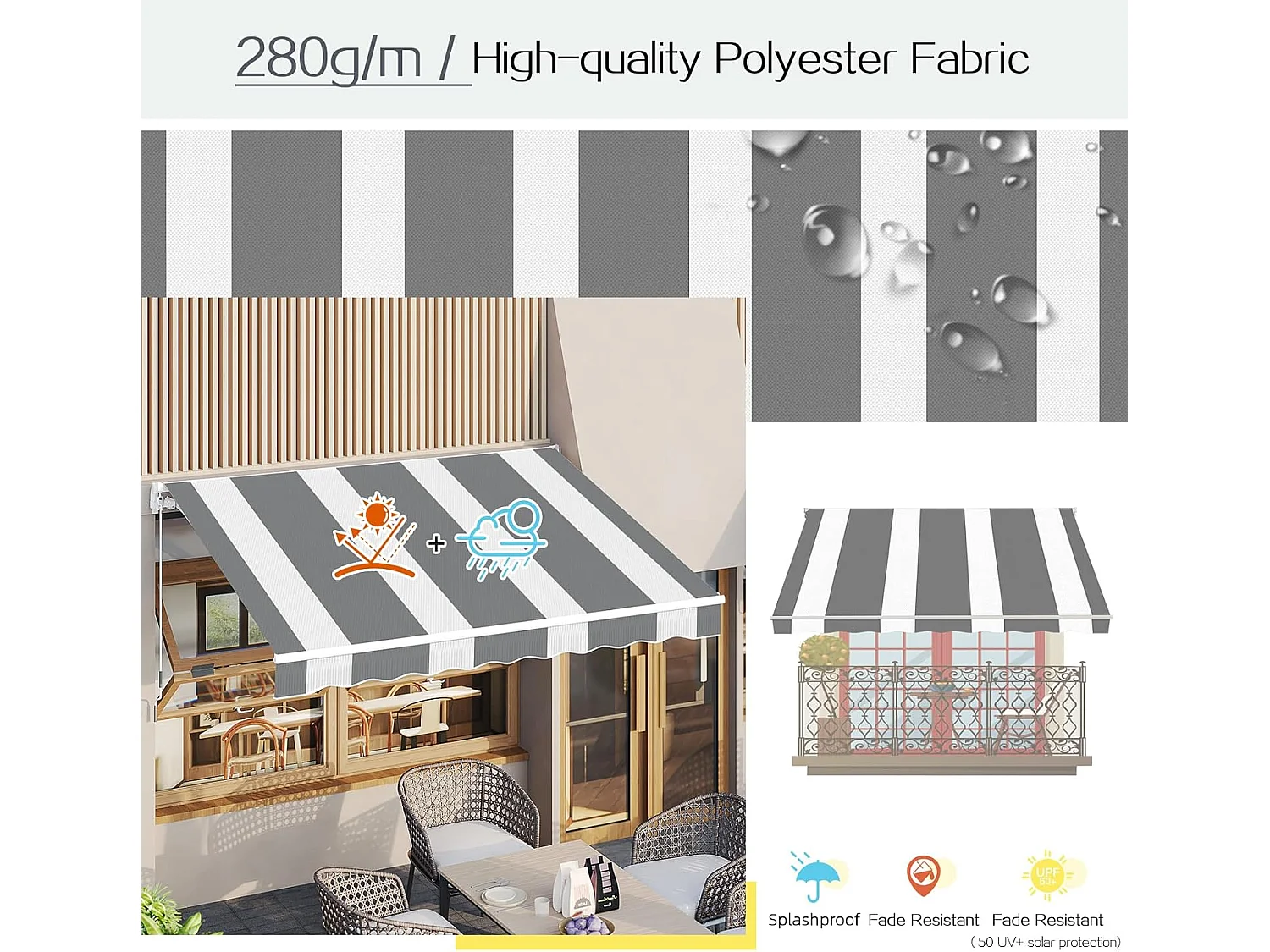 YODOLLA Toldo Brazo Articulado 400x300cm, Manual Con Inclinación (40-90°), Marco Aluminio, Resistente UV, Para Balcón & Terraza, Rayas Blanco-Gris