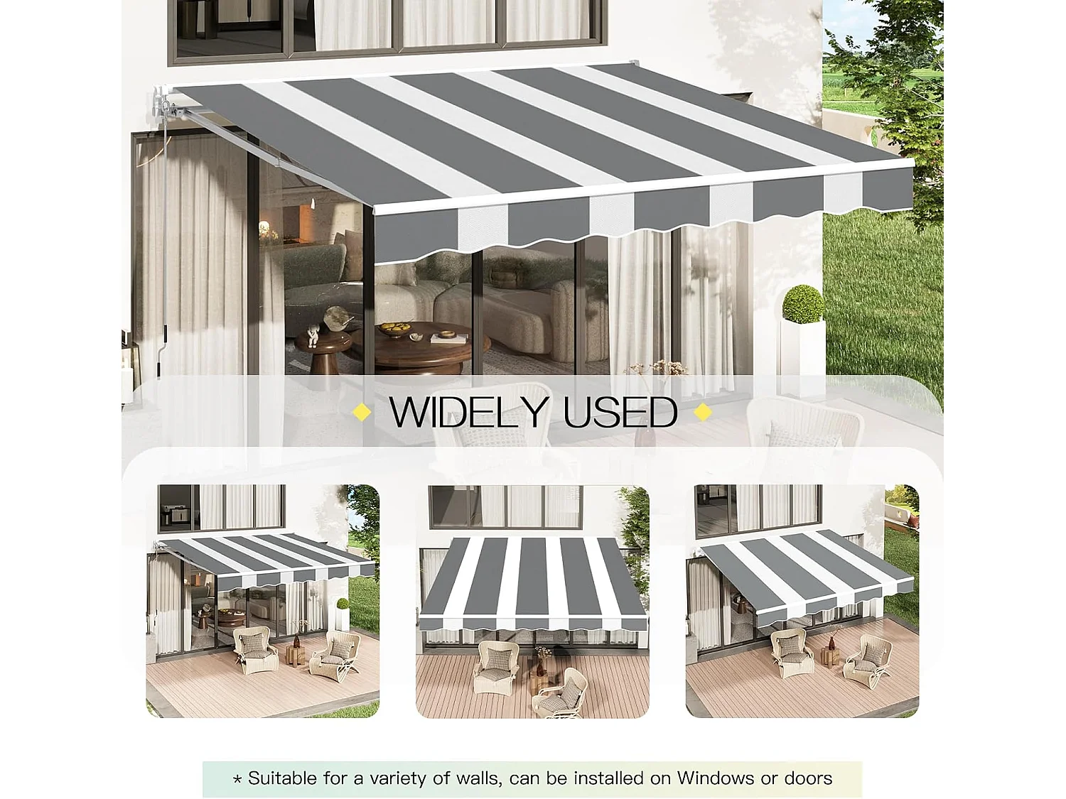 YODOLLA Toldo Brazo Articulado 400x300cm, Manual Con Inclinación (40-90°), Marco Aluminio, Resistente UV, Para Balcón & Terraza, Rayas Blanco-Gris