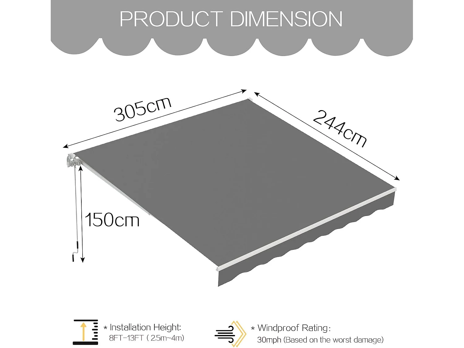 YODOLLA Toldo Brazo Articulado 300x250cm, Manual Con Inclinación (40-90°), Marco Aluminio, Resistente UV, Para Balcón & Terraza, Gris