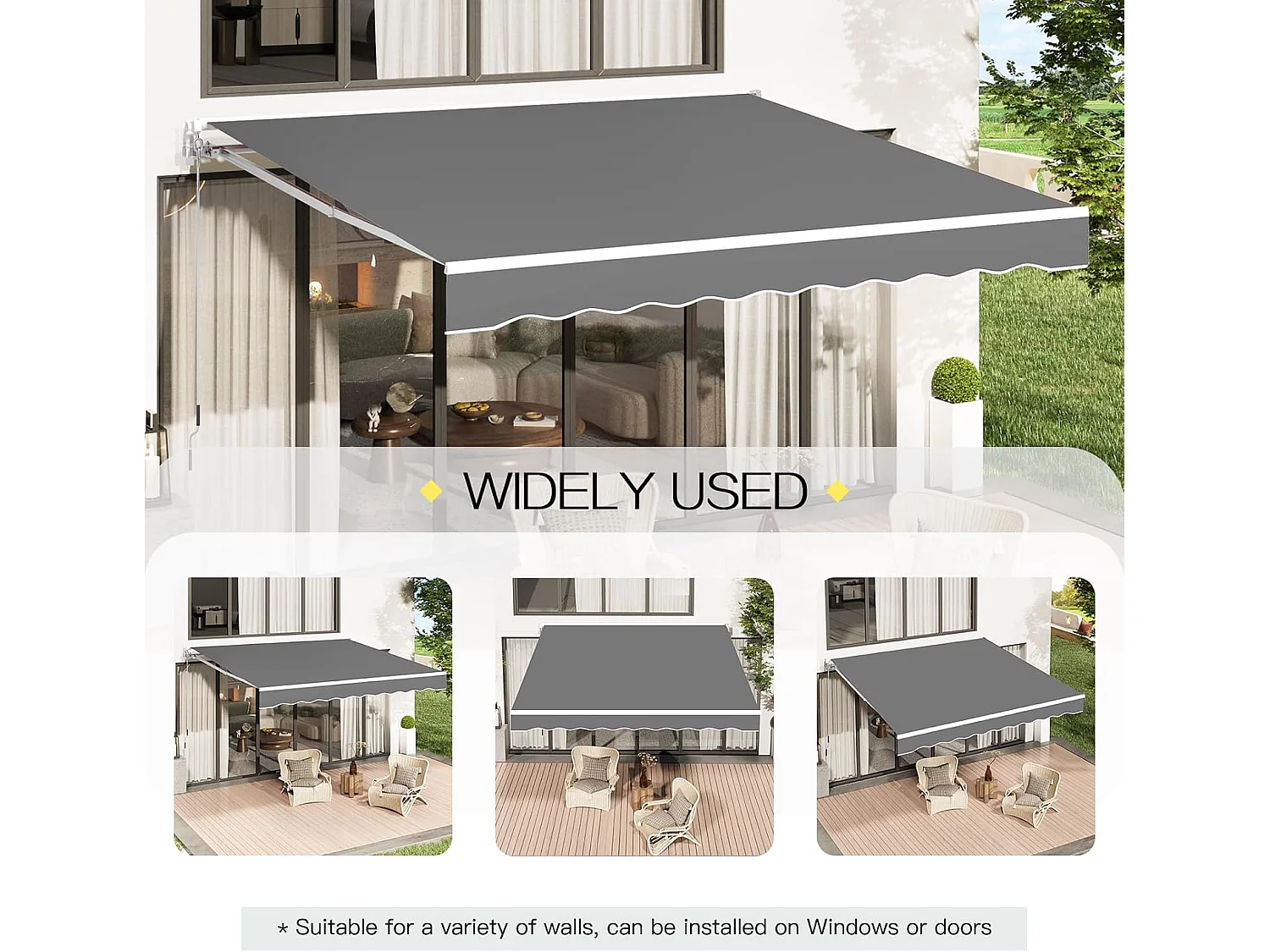 YODOLLA Toldo Brazo Articulado 300x250cm, Manual Con Inclinación (40-90°), Marco Aluminio, Resistente UV, Para Balcón & Terraza, Gris