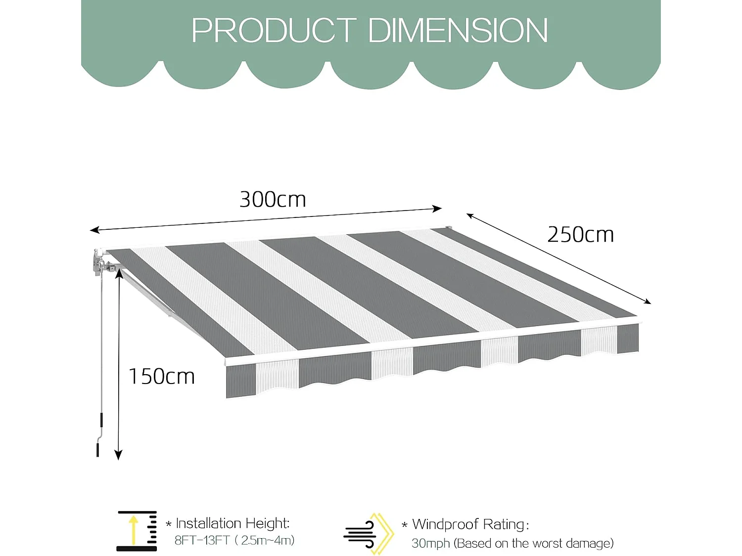 YODOLLA Toldo Brazo Articulado 300x250cm, Manual Con Inclinación (40-90°), Marco Aluminio, Resistente UV, Para Balcón & Terraza, Rayas Blanco-Gris
