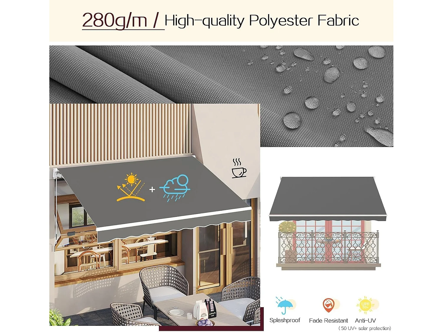 YODOLLA Toldo Brazo Articulado 400x250cm, Manual Con Inclinación (40-90°), Marco Aluminio, Resistente UV, Para Balcón & Terraza, Gris