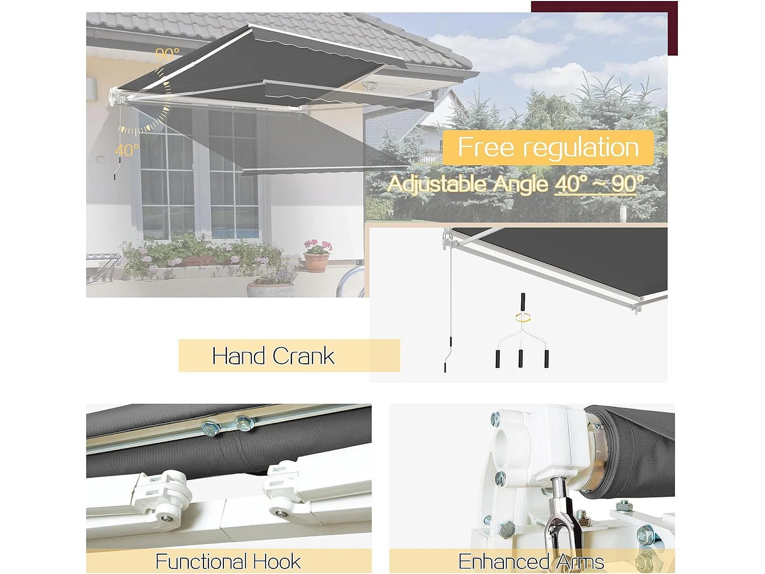 YODOLLA Toldo Brazo Articulado 400x250cm, Manual Con Inclinación (40-90°), Marco Aluminio, Resistente UV, Para Balcón & Terraza, Gris