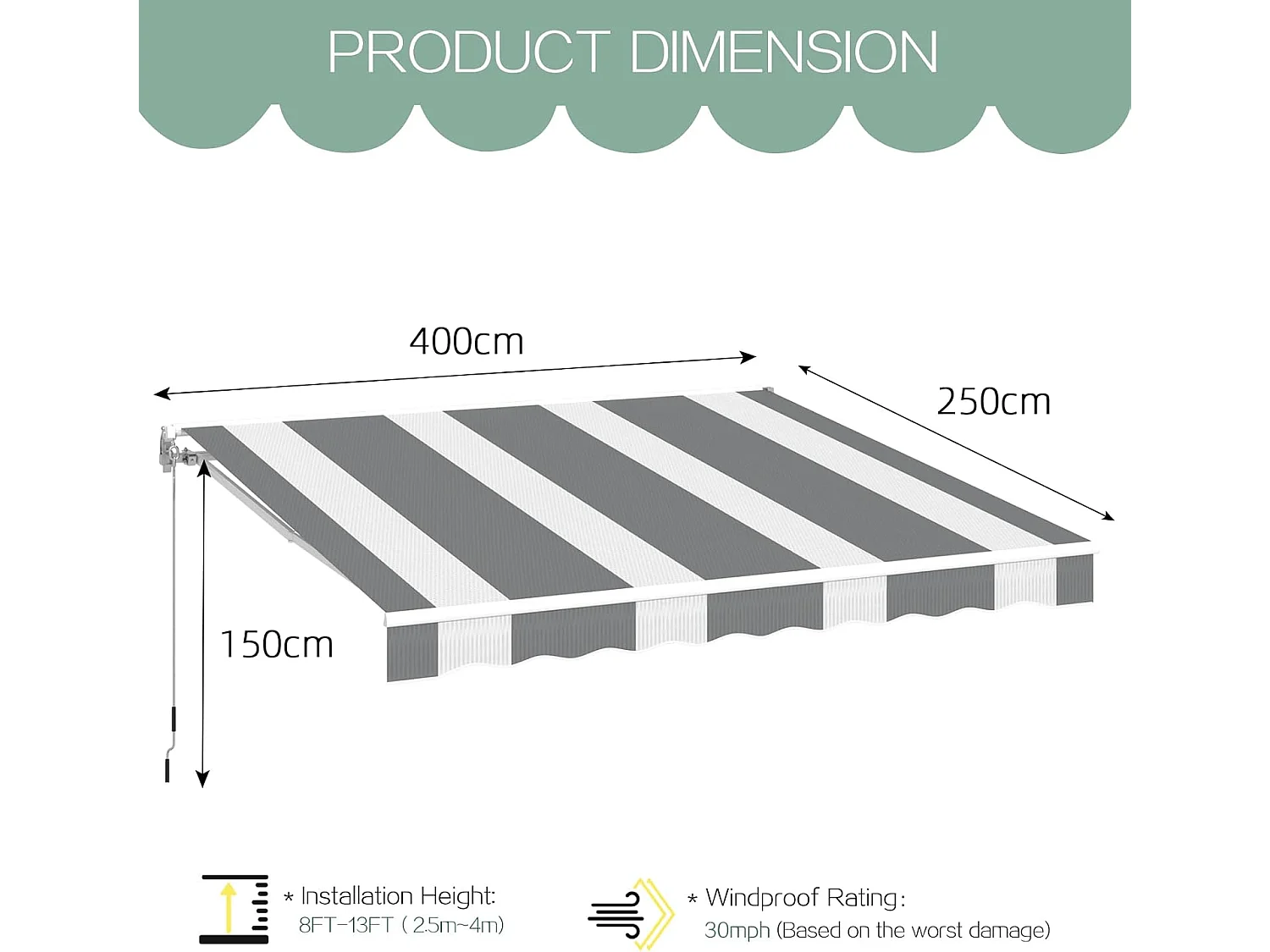 YODOLLA Toldo Brazo Articulado 400x250cm, Manual Con Inclinación (40-90°), Marco Aluminio, Resistente UV, Para Balcón & Terraza, Rayas Blanco-Gris