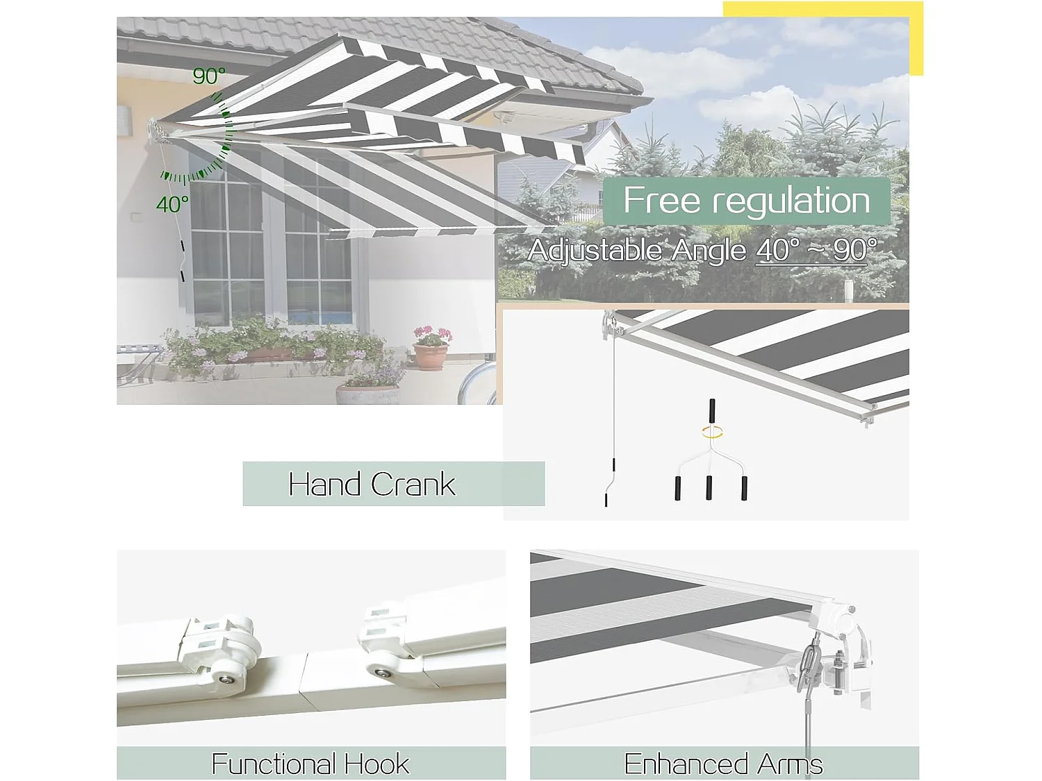 YODOLLA Toldo Brazo Articulado 400x250cm, Manual Con Inclinación (40-90°), Marco Aluminio, Resistente UV, Para Balcón & Terraza, Rayas Blanco-Gris