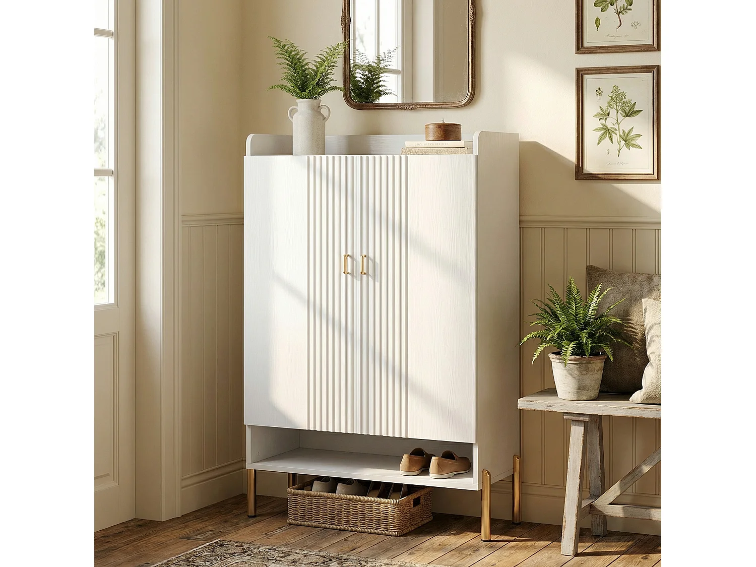 Armoire à Chaussures 6 Niveaux– Meuble de Rangement Autoportant en Bois Blanc, Étagères Réglables pour Entrée, Couloir et Salon, 75x36.5x111 cm