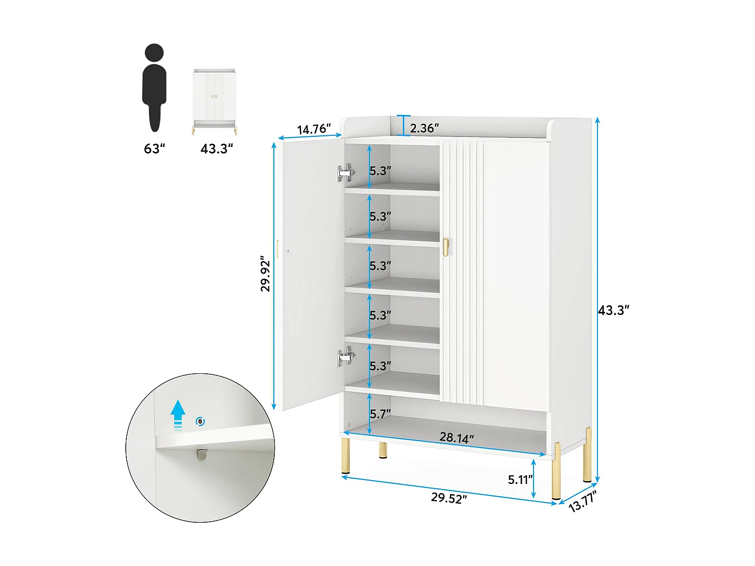 Armoire à Chaussures 6 Niveaux– Meuble de Rangement Autoportant en Bois Blanc, Étagères Réglables pour Entrée, Couloir et Salon, 75x36.5x111 cm