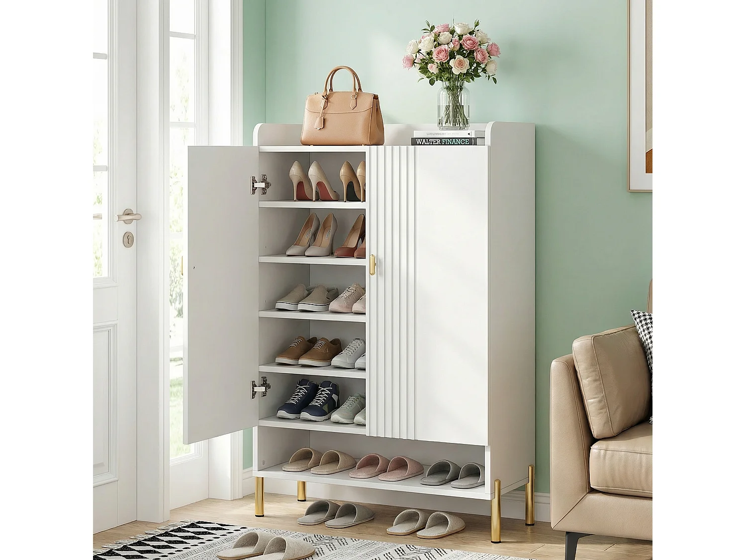 Armoire à Chaussures 6 Niveaux– Meuble de Rangement Autoportant en Bois Blanc, Étagères Réglables pour Entrée, Couloir et Salon, 75x36.5x111 cm
