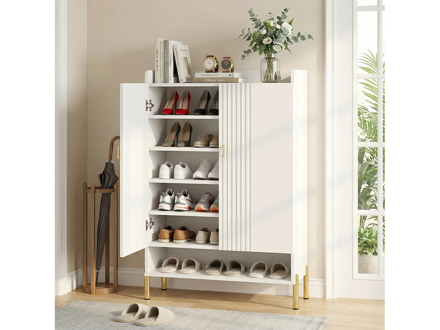 Armoire à Chaussures 6 Niveaux– Meuble de Rangement Autoportant en Bois Blanc, Étagères Réglables pour Entrée, Couloir et Salon, 75x36.5x111 cm