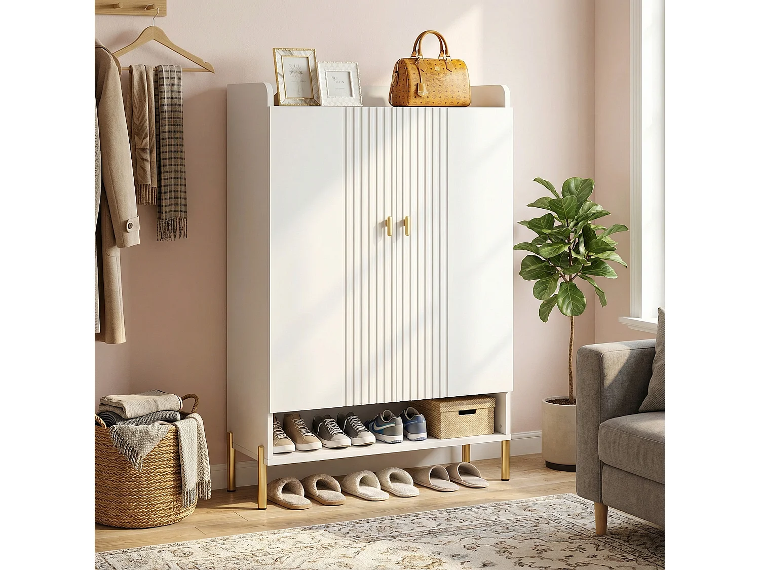 Armoire à Chaussures 6 Niveaux– Meuble de Rangement Autoportant en Bois Blanc, Étagères Réglables pour Entrée, Couloir et Salon, 75x36.5x111 cm