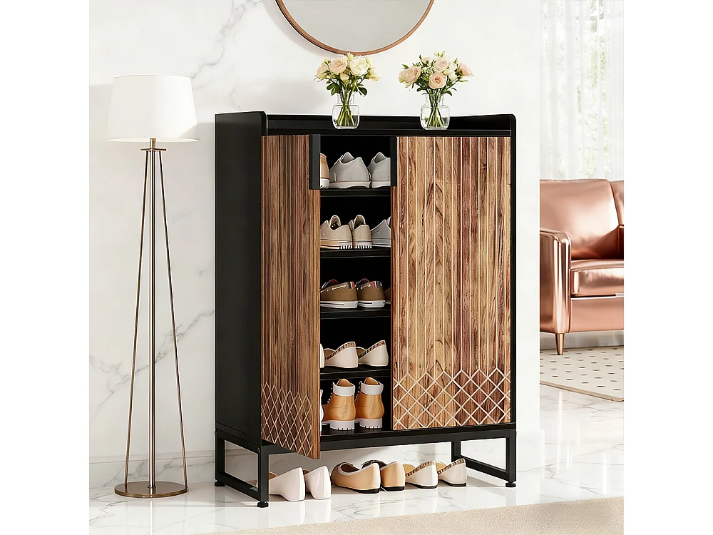Meuble à Chaussures 25 Paires– Armoire Étagère avec Portes et Cadre Métal Noir, Grande Capacité pour Entrée et Couloir, Marron et Noir, 73x35x100 cm
