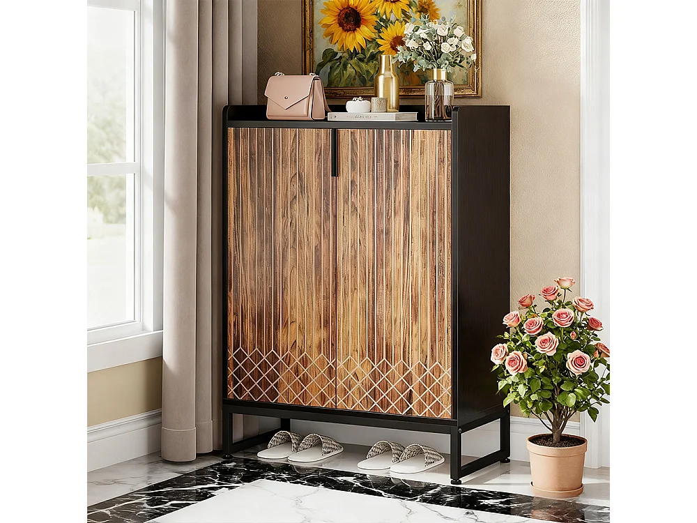 Meuble à Chaussures 25 Paires– Armoire Étagère avec Portes et Cadre Métal Noir, Grande Capacité pour Entrée et Couloir, Marron et Noir, 73x35x100 cm