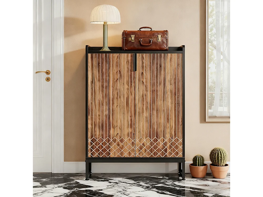 Meuble à Chaussures 25 Paires– Armoire Étagère avec Portes et Cadre Métal Noir, Grande Capacité pour Entrée et Couloir, Marron et Noir, 73x35x100 cm