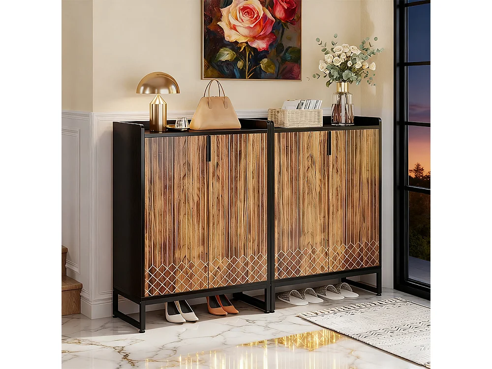 Meuble à Chaussures 25 Paires– Armoire Étagère avec Portes et Cadre Métal Noir, Grande Capacité pour Entrée et Couloir, Marron et Noir, 73x35x100 cm