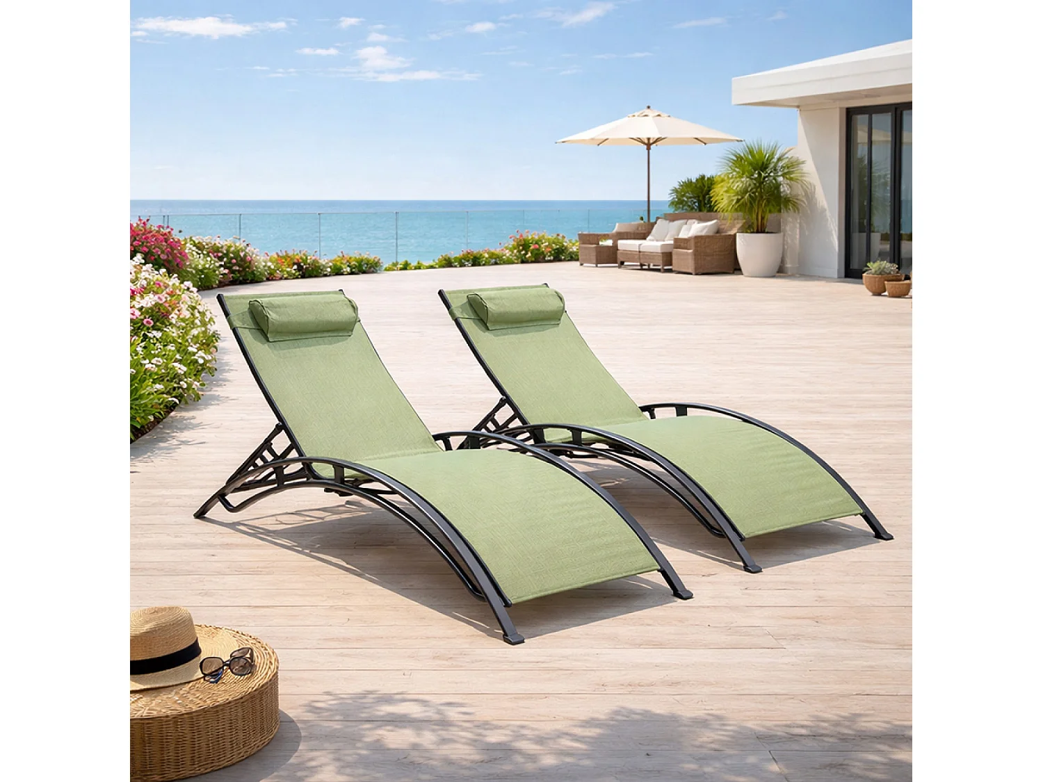 Lot de 2 transats ajustables gris et kaki CALI