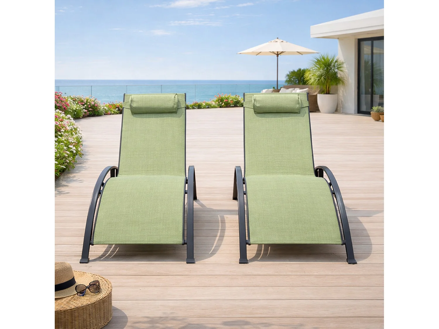 Lot de 2 transats ajustables gris et kaki CALI