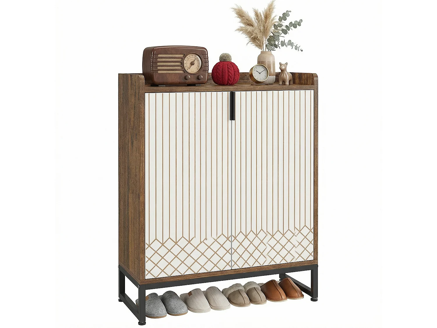 Meuble à Chaussures Grande Capacité 25 Paires– Armoire Étagère avec Portes et Cadre Métal Doré, Blanc et Marron, pour Entrée et Couloir, 73x35x105 cm