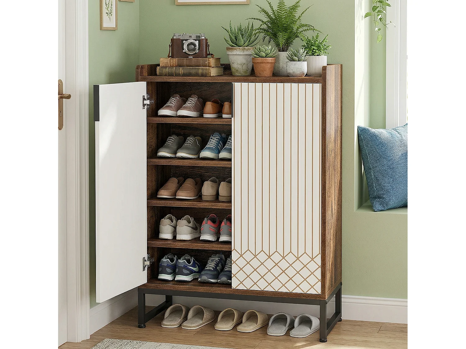 Meuble à Chaussures Grande Capacité 25 Paires– Armoire Étagère avec Portes et Cadre Métal Doré, Blanc et Marron, pour Entrée et Couloir, 73x35x105 cm