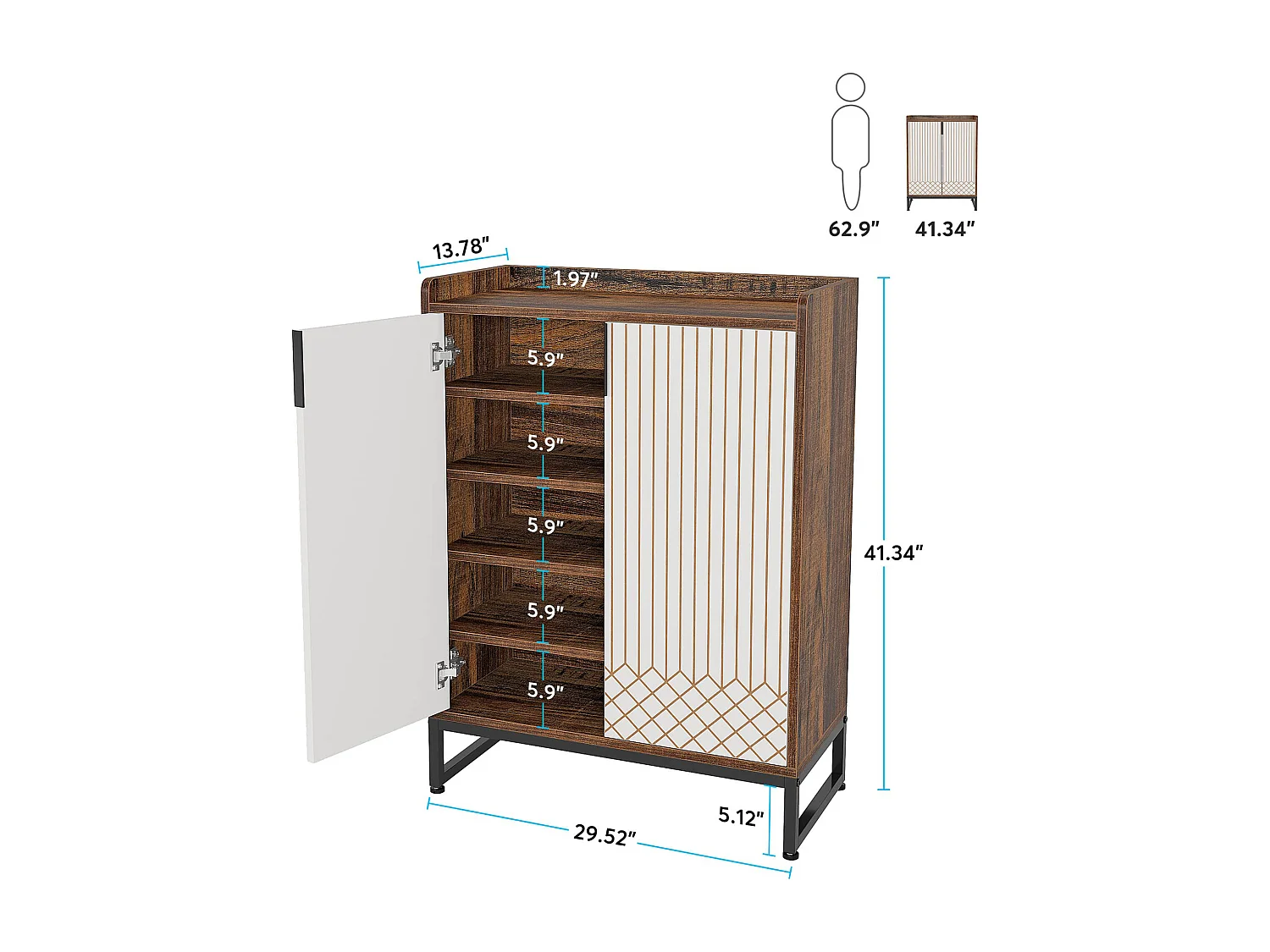Meuble à Chaussures Grande Capacité 25 Paires– Armoire Étagère avec Portes et Cadre Métal Doré, Blanc et Marron, pour Entrée et Couloir, 73x35x105 cm