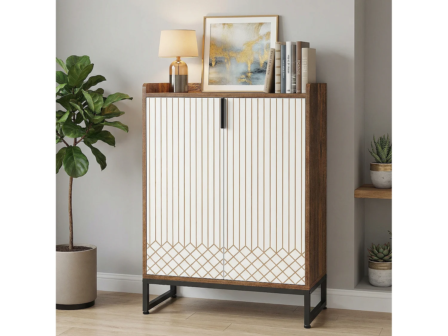 Meuble à Chaussures Grande Capacité 25 Paires– Armoire Étagère avec Portes et Cadre Métal Doré, Blanc et Marron, pour Entrée et Couloir, 73x35x105 cm