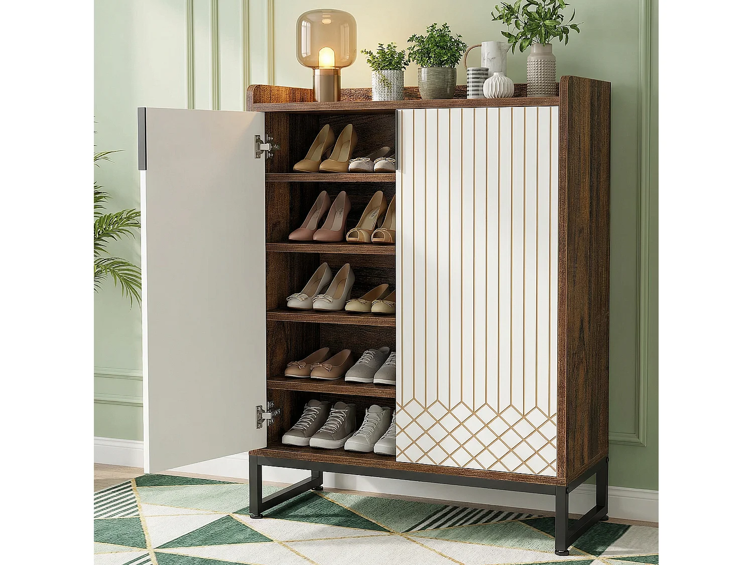 Meuble à Chaussures Grande Capacité 25 Paires– Armoire Étagère avec Portes et Cadre Métal Doré, Blanc et Marron, pour Entrée et Couloir, 73x35x105 cm