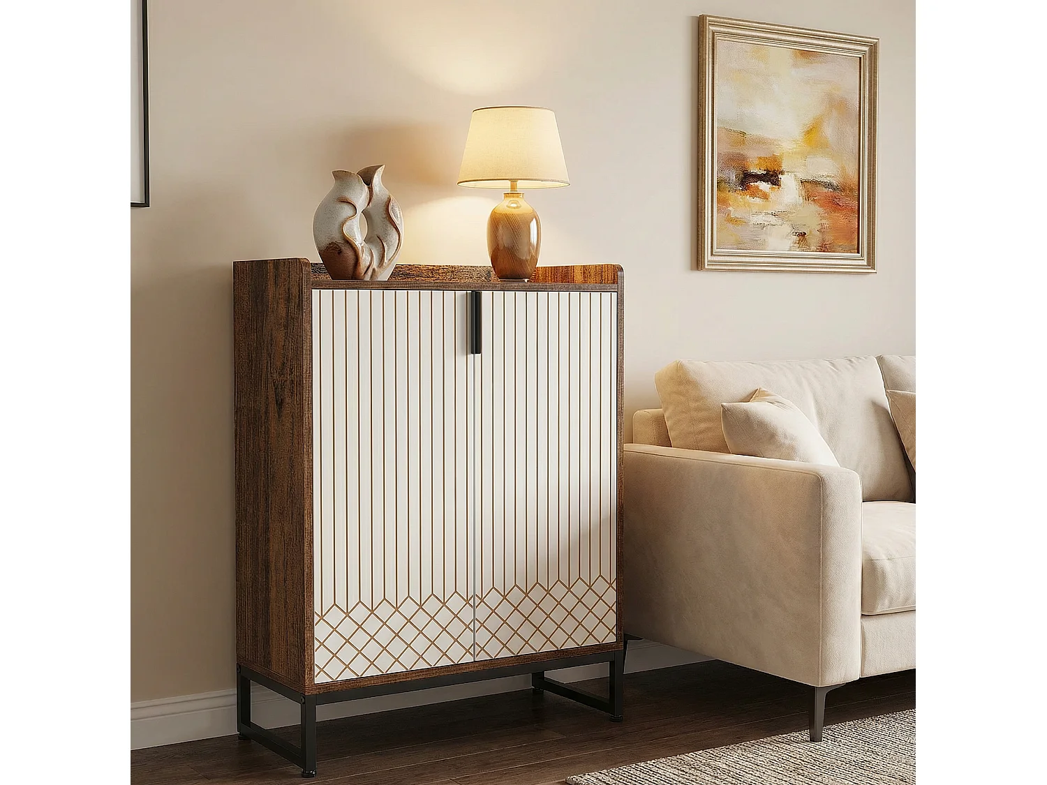 Meuble à Chaussures Grande Capacité 25 Paires– Armoire Étagère avec Portes et Cadre Métal Doré, Blanc et Marron, pour Entrée et Couloir, 73x35x105 cm