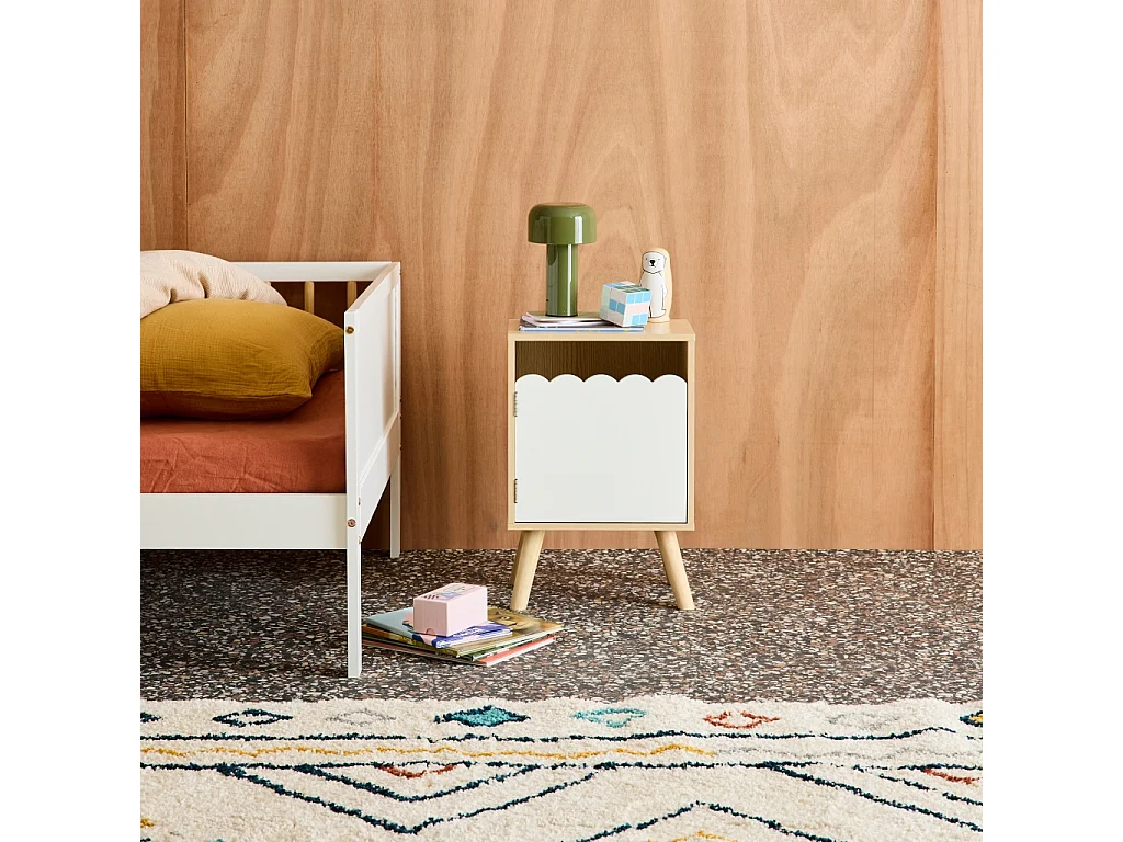 Table de chevet enfant décor bois blanc 1 porte. pieds bois de pin - 34 x 23.5 x 52 cm  - Azur