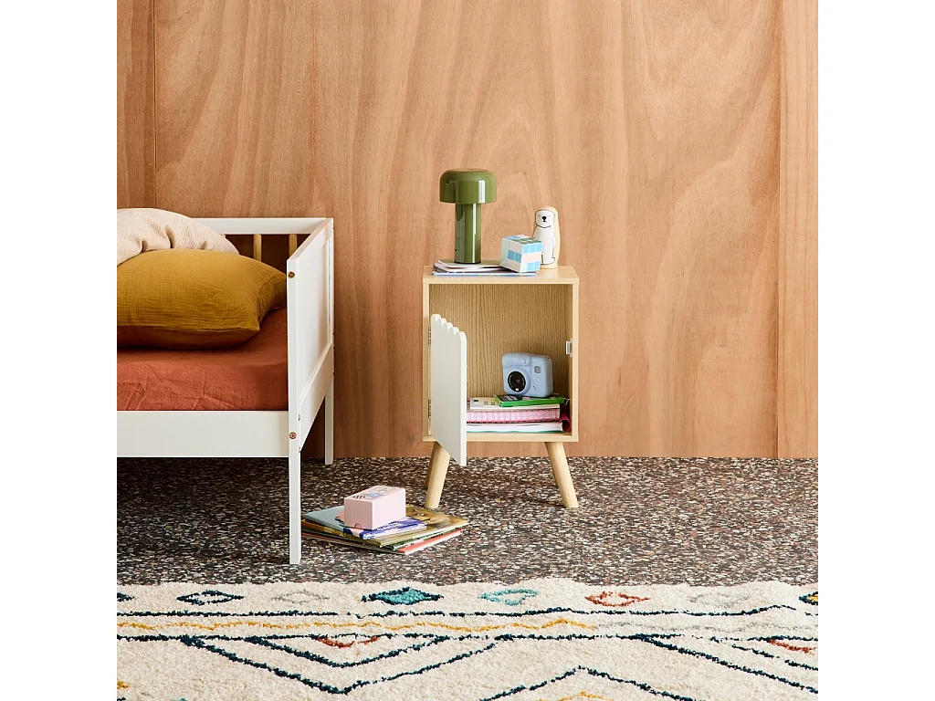 Table de chevet enfant décor bois blanc 1 porte. pieds bois de pin - 34 x 23.5 x 52 cm  - Azur