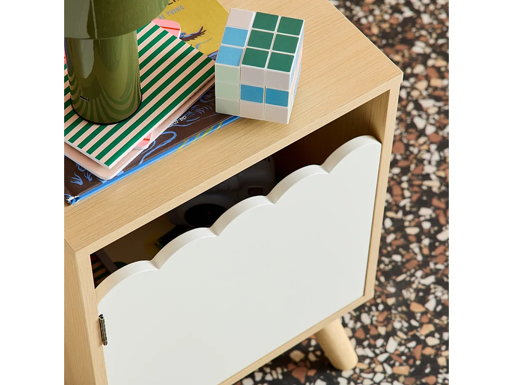 Table de chevet enfant décor bois blanc 1 porte. pieds bois de pin - 34 x 23.5 x 52 cm  - Azur
