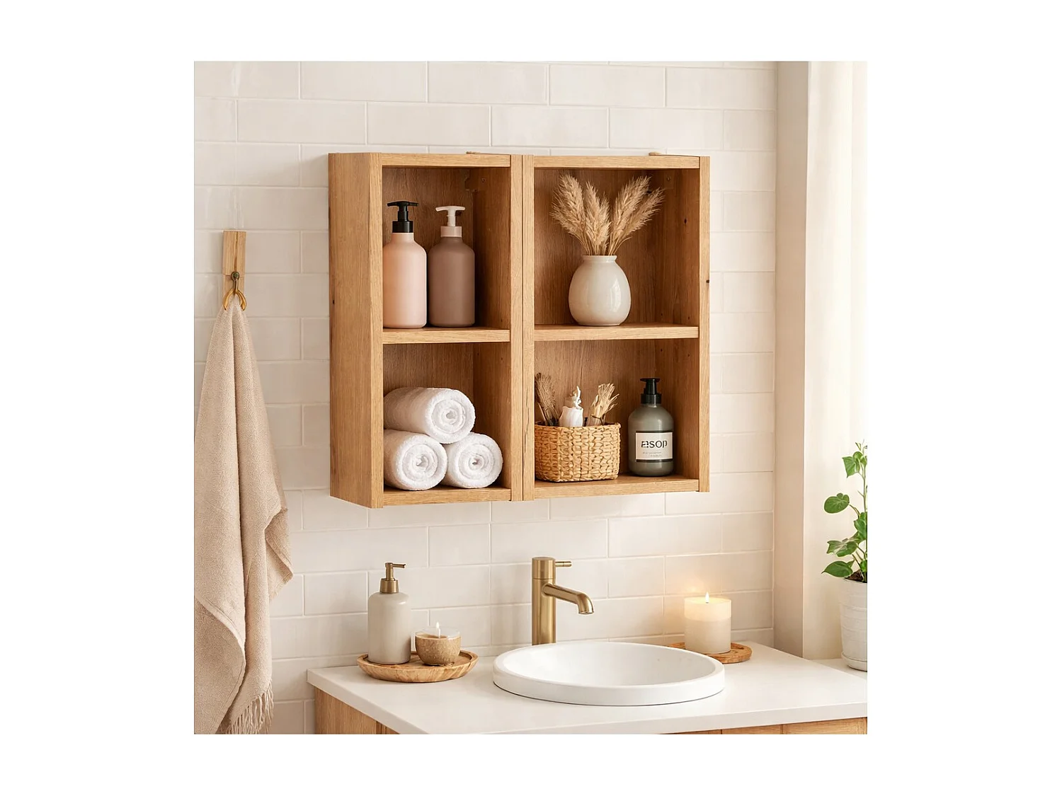 Meuble de rangement VANO 50 cm – meuble suspendu chêne clair avec niches ouvertes