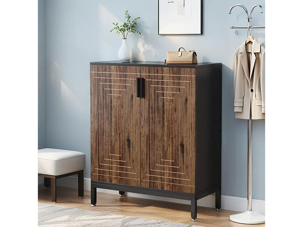Meuble à Chaussures 20 Paires– Armoire de Rangement Autonome avec 2 Portes et 5 Étagères, Design Marron et Noir pour Entrée, Salon et Chambre, 80x38x95 cm