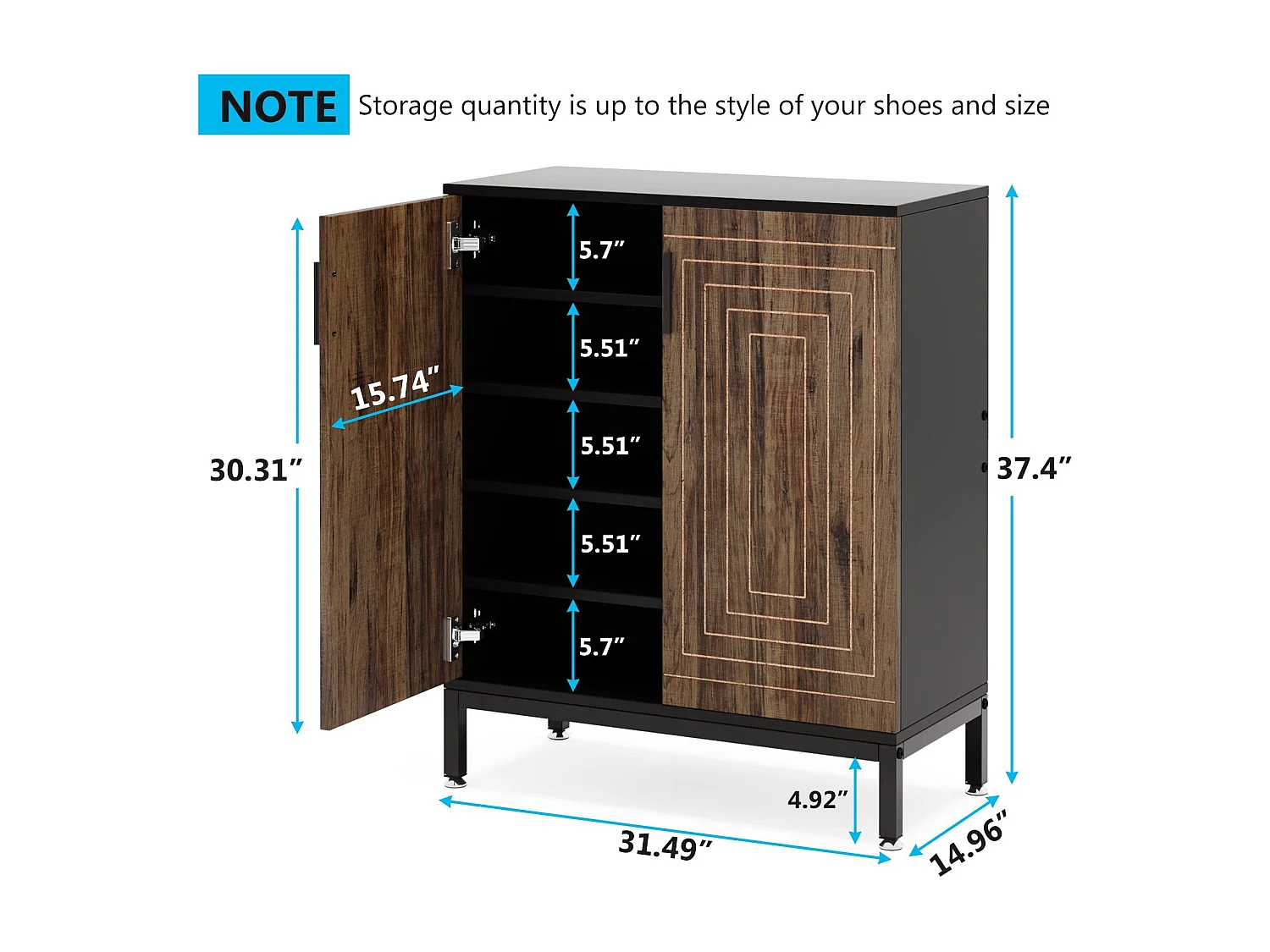 Meuble à Chaussures 20 Paires– Armoire de Rangement Autonome avec 2 Portes et 5 Étagères, Design Marron et Noir pour Entrée, Salon et Chambre, 80x38x95 cm