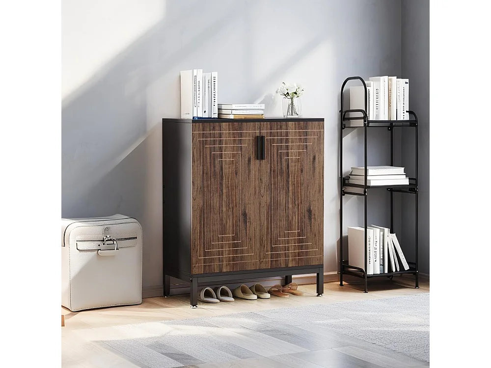 Meuble à Chaussures 20 Paires– Armoire de Rangement Autonome avec 2 Portes et 5 Étagères, Design Marron et Noir pour Entrée, Salon et Chambre, 80x38x95 cm