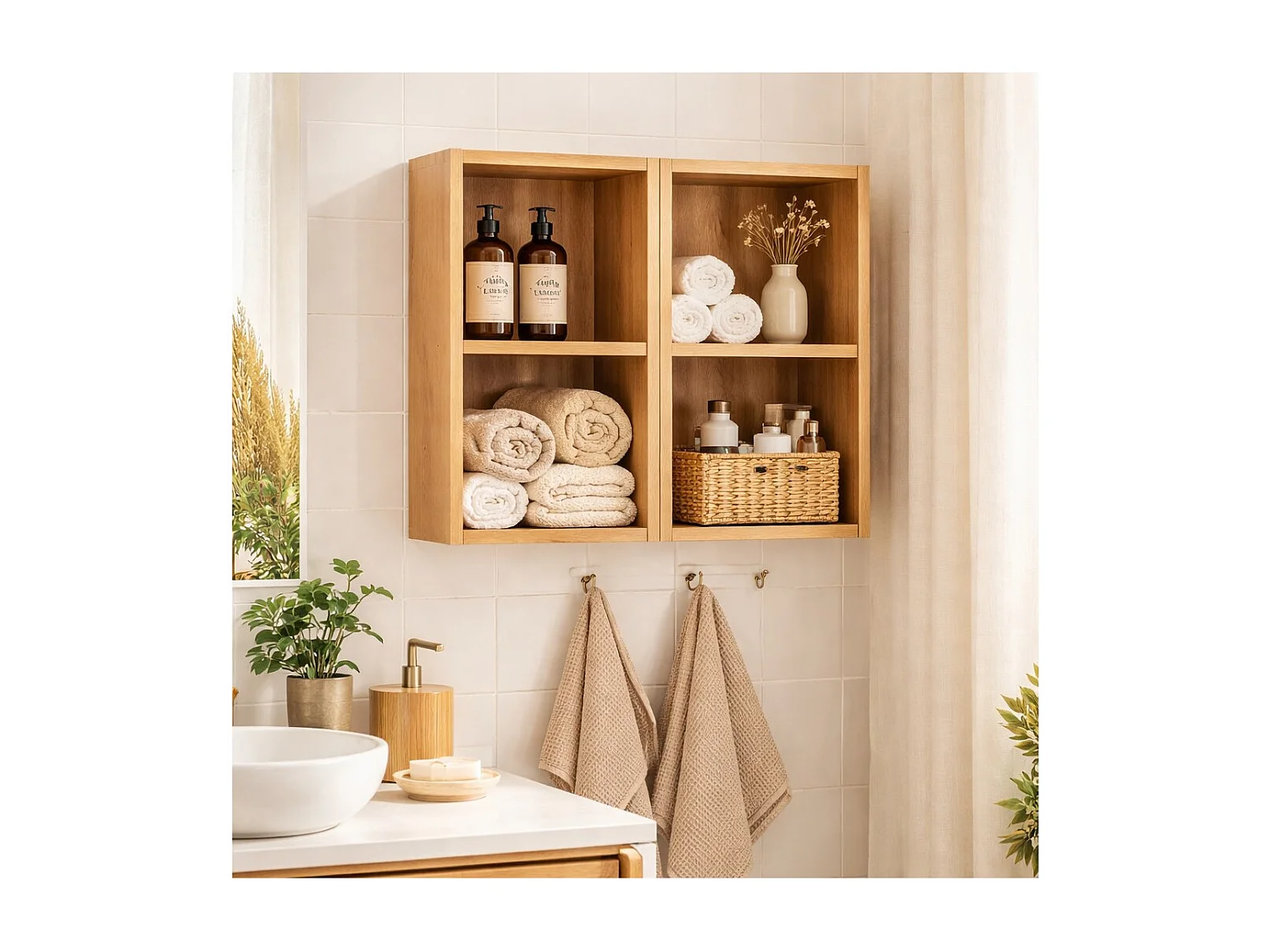 Meuble de rangement VANO 60 cm – meuble suspendu chêne clair avec niches ouvertes