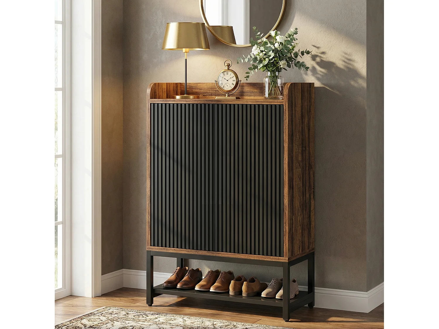 Armoire à Chaussures 5 Niveaux– Meuble de Rangement en Bois pour Entrée et Couloir, Capacité 15-20 Paires, Noir et Marron, 75x35x105 cm